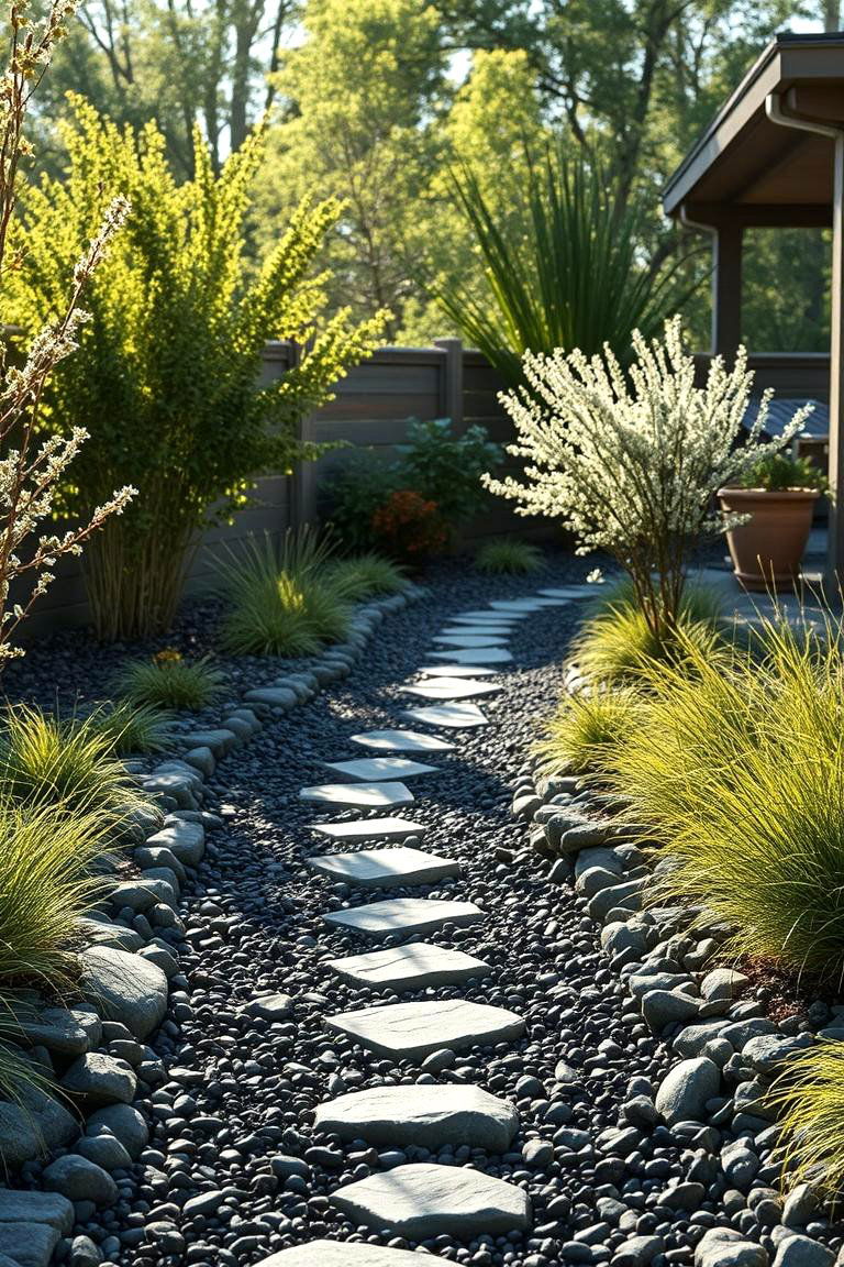 Creating Curved Walkways with Black River Rock - 24 Black River Rock Landscaping Ideas