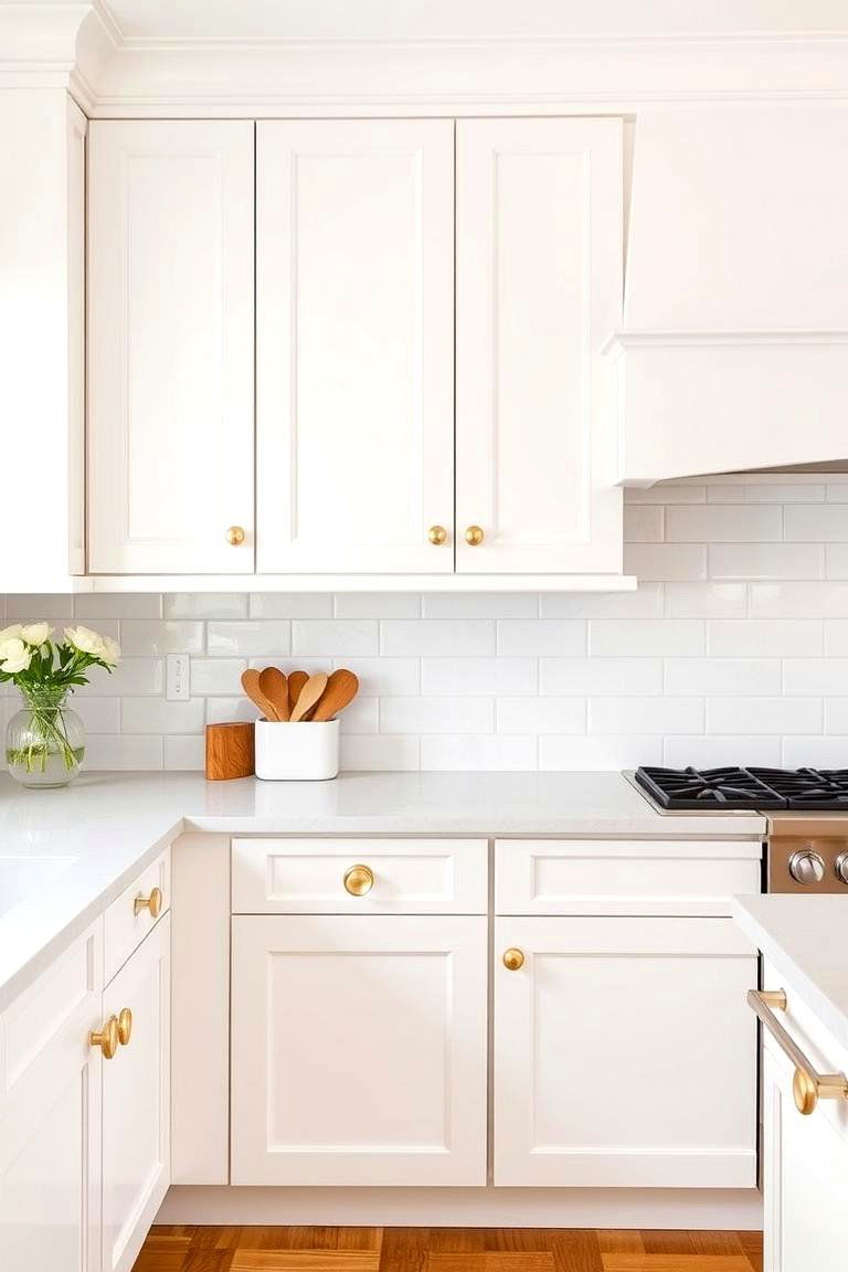 Creating Visual Contrast and Interest - 24 White Kitchen Cabinets With Gold Hardwar