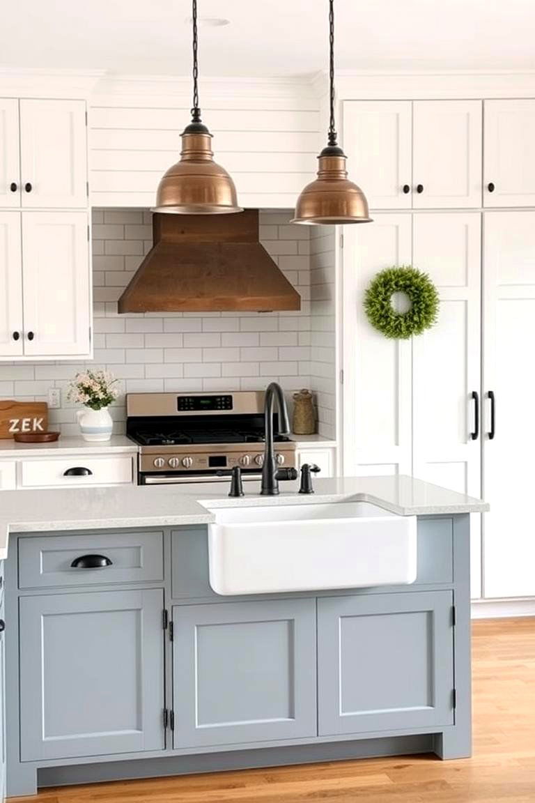 Creating a Breakfast Bar on the Island - 24 White Kitchen Cabinets With Blue Island