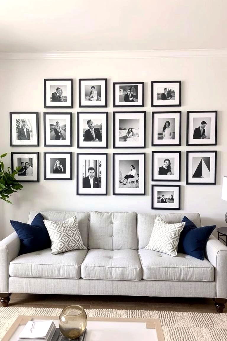 Creating a Gallery Wall with Navy Blue Frames - 24 Navy Blue and Grey Living Room Ideas