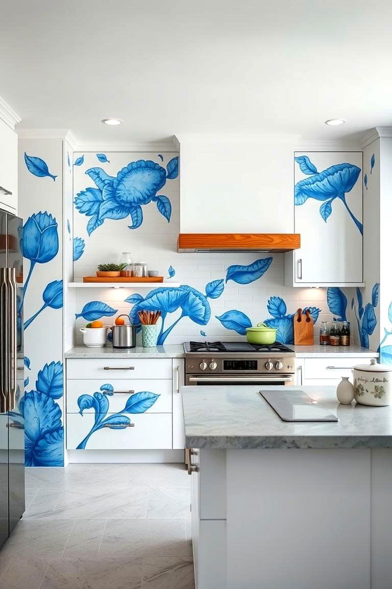 Creative Blue Kitchen Murals - 24 Blue and White Kitchen Ideas
