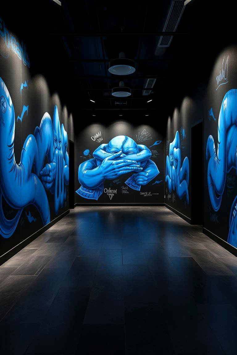 Creative Blue Murals Set Against Black Walls - 24 Black and Blue Living Room Ideas