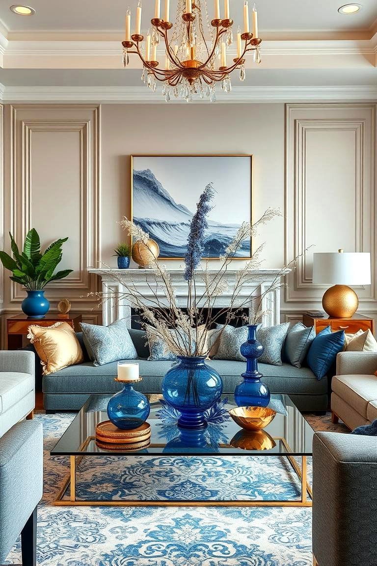 Creative Blue and Gold Centerpiece Arrangements - 24 Blue and Gold Living Room Ideas