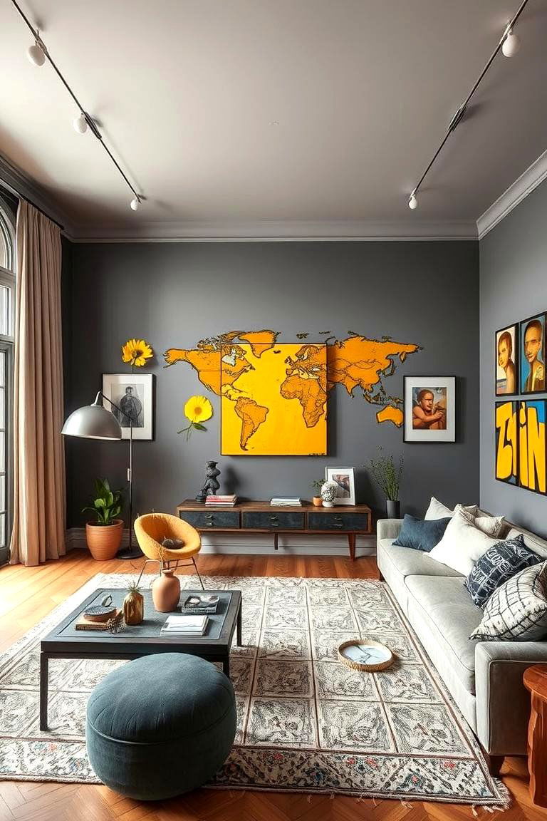 Creative Canvas Grey Walls Adorned with Yellow Murals - 24 Grey and Yellow Living Room Ideas