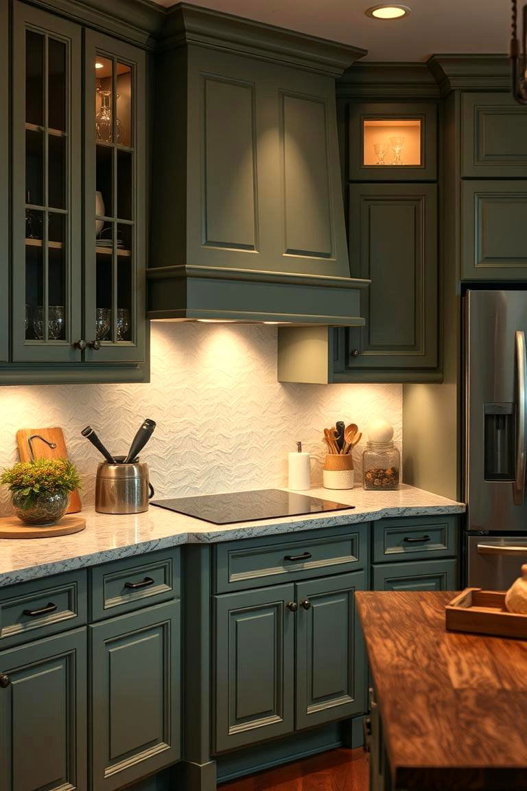 Creative Lighting Accents - 24 Rustic Sage Green Kitchen Cabinets