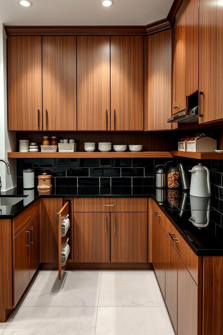 Creative Storage Solutions - 24 kitchen with brown cabinets and black countertops ideas