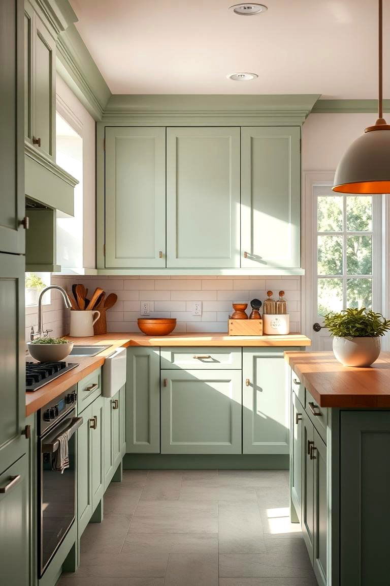Creative Use of Natural Light - 24 Sage Green Kitchen Cabinets With Butcher Block Countertops