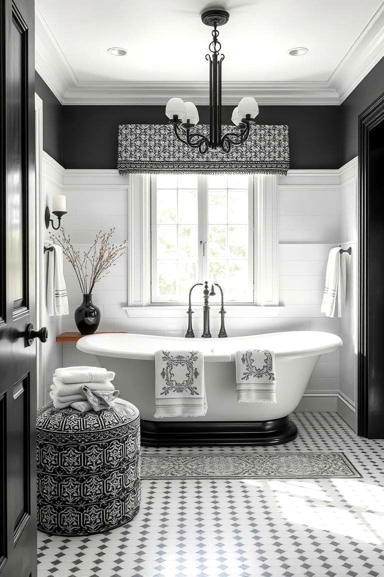 Crisp Black and White with Decorative Linens - 24 Black and White Bathroom Ideas