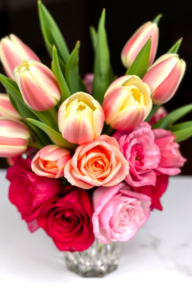 Crystal Vase with Tulips and Roses - 24 Flower Centerpiece Ideas