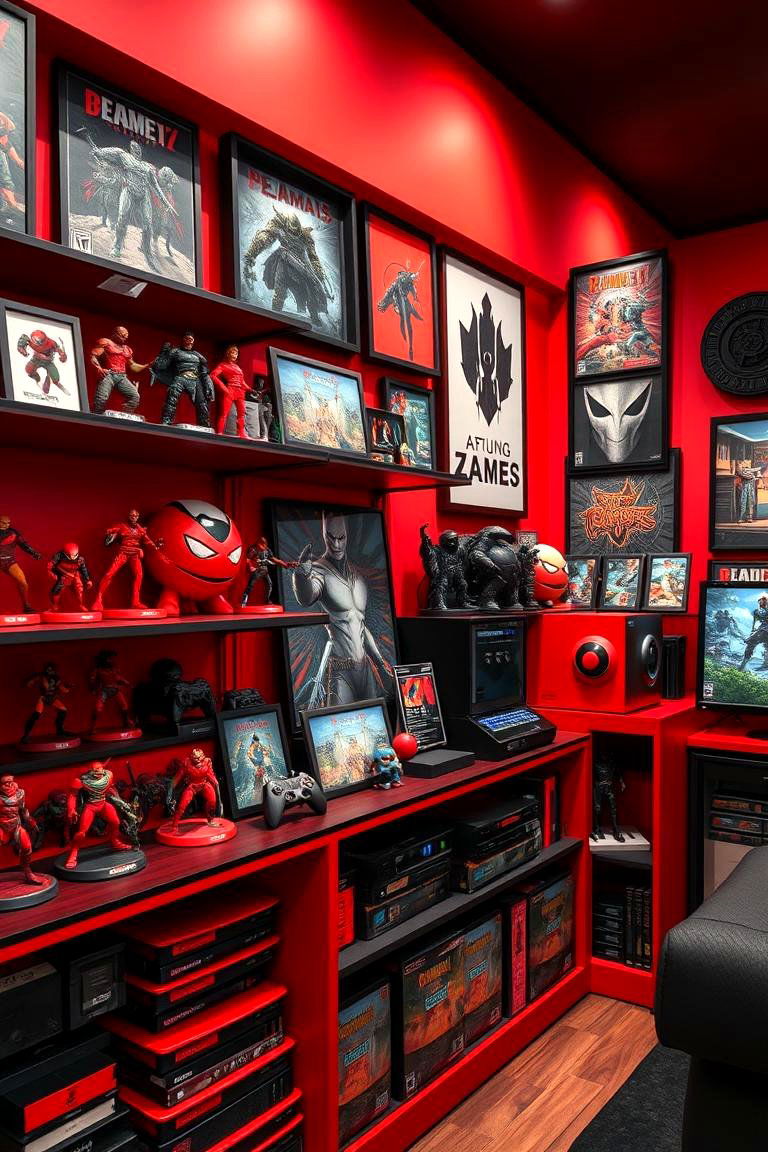 Curated Gaming Artifact Display - 24 Red and Black Gaming Setup Ideas