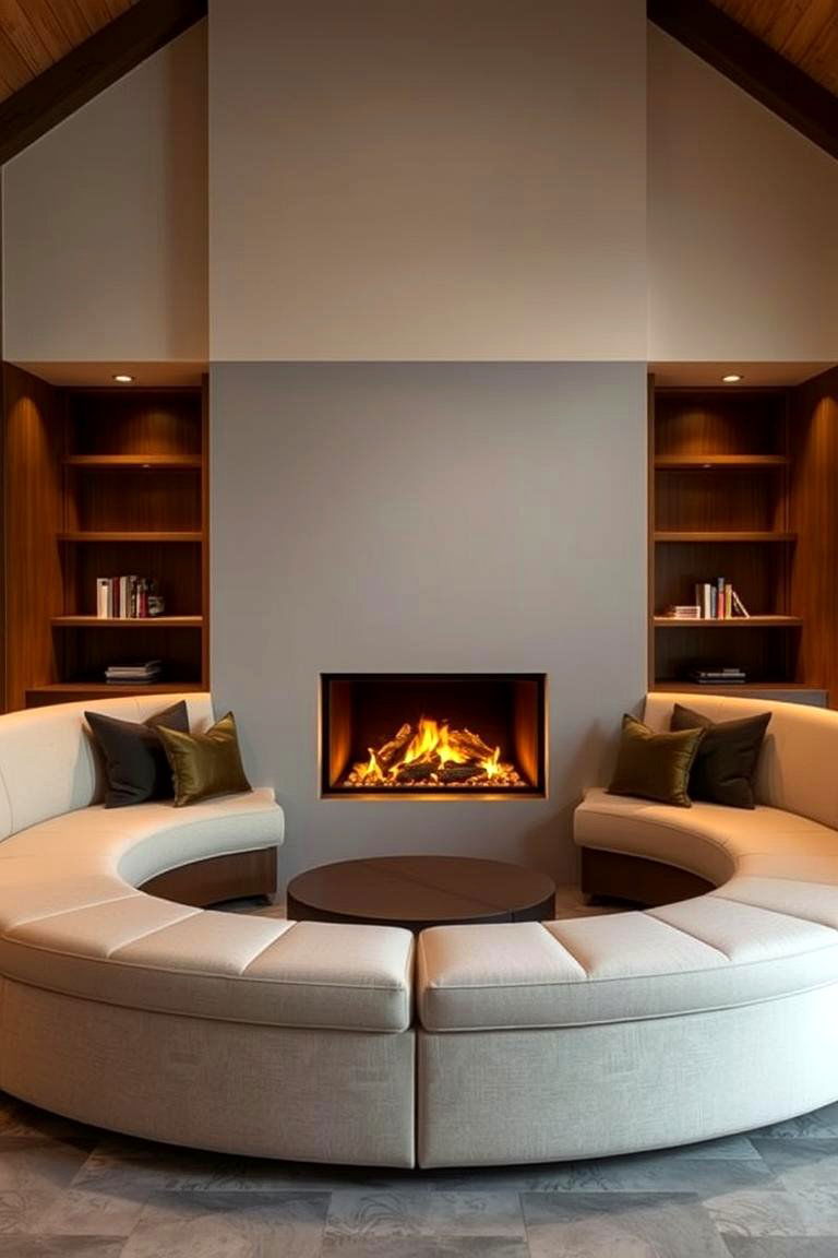 Curved Bench Around the Fireplace - 24 Fireplace Bench Ideas