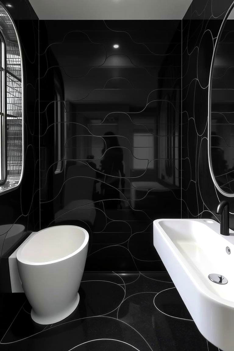 Curved Black Tile Edges - 24 Black Tile Bathroom Ideas