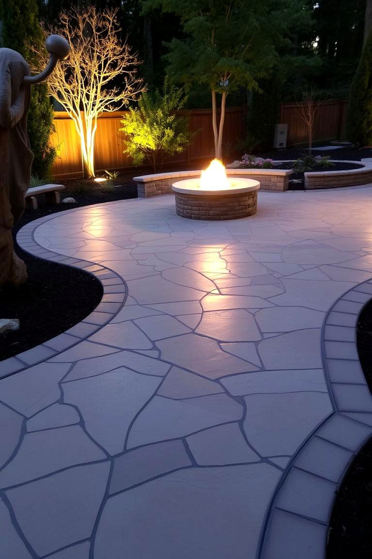 Curved Border Accents with a Natural Feel - 24 stamped concrete patio with fire pit ideas
