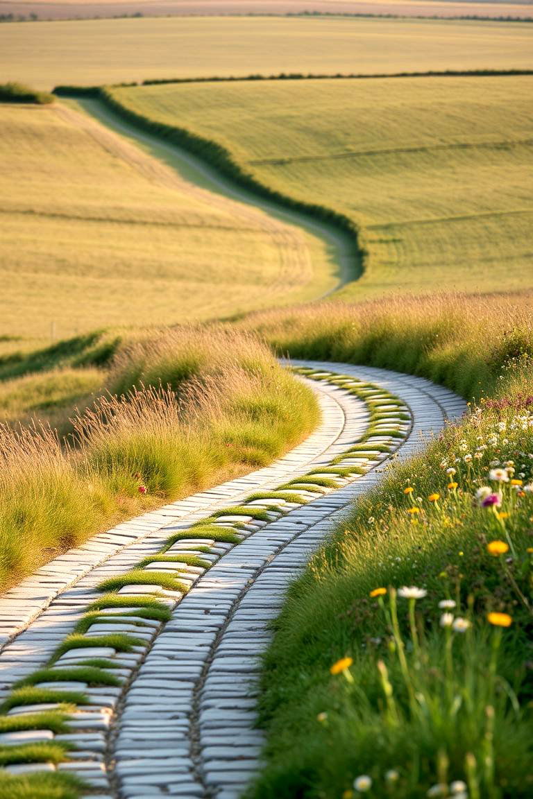 Curved Countryside Walk - 24 Cobble Stone Walkway Ideas