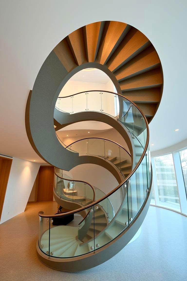 Curved Spiral Staircase with Glass Railing - 24 Contemporary Staircase Design Ideas
