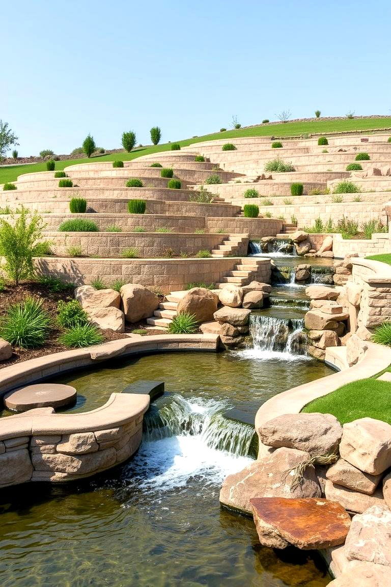 Curved Terraces with Water Features - 24 Sloping Garden Design Ideas