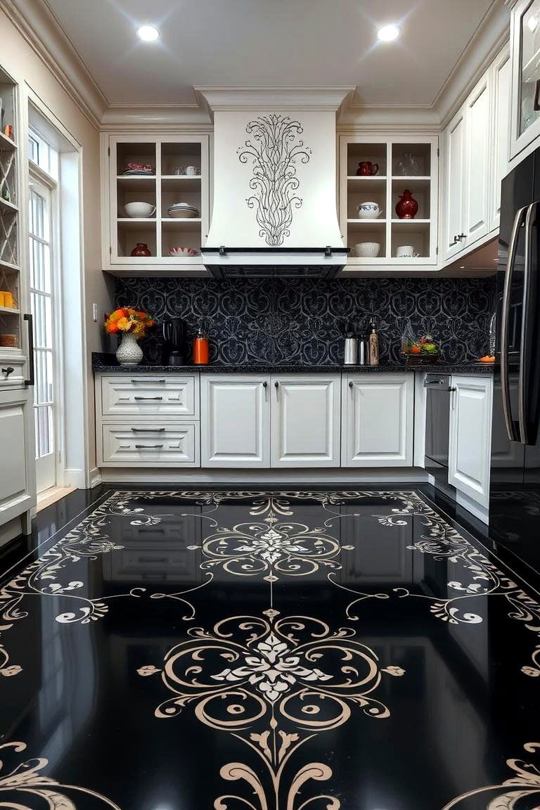 Custom Black Floor Art with Inlays - 24 Black Kitchen Floor Ideas