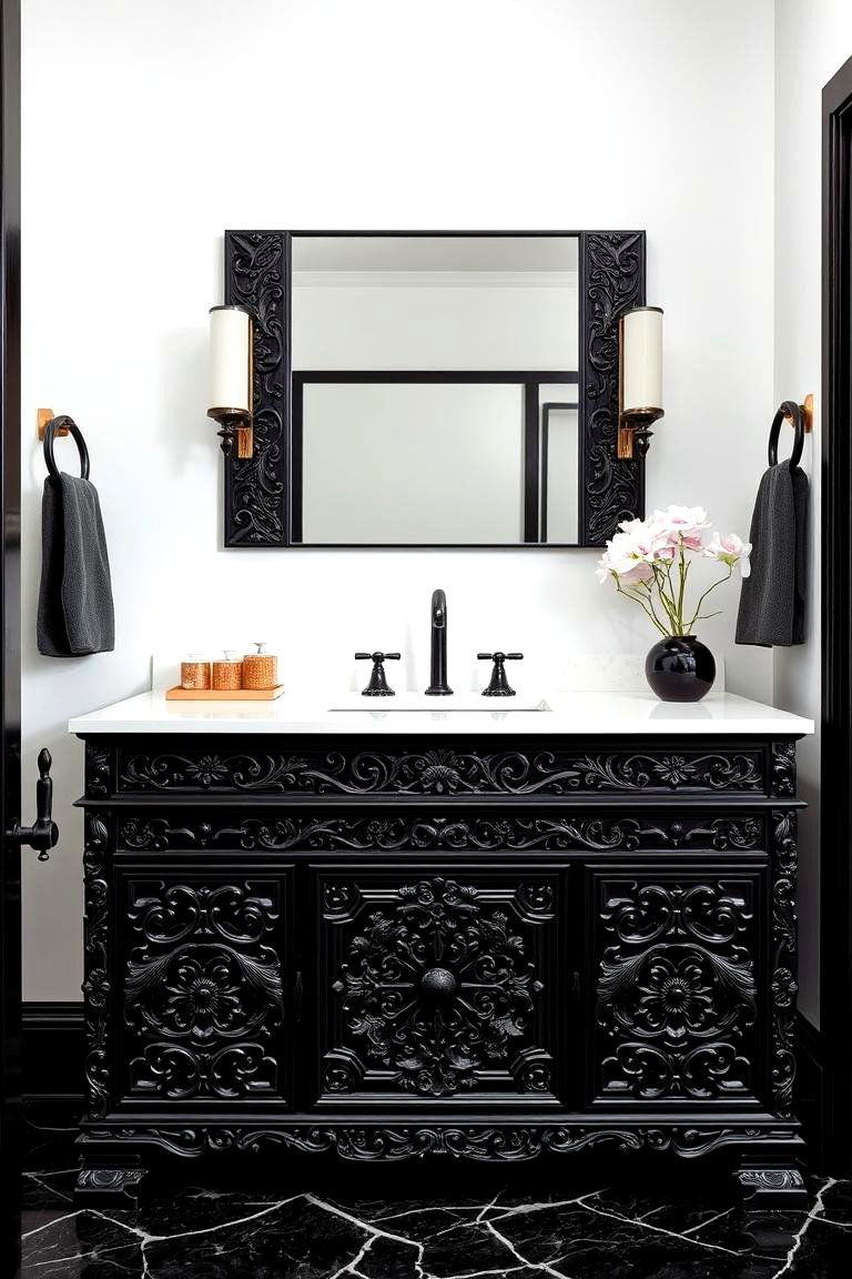 Custom Black Vanity with Intricate Carvings - 24 Black Vanity Bathroom Ideas