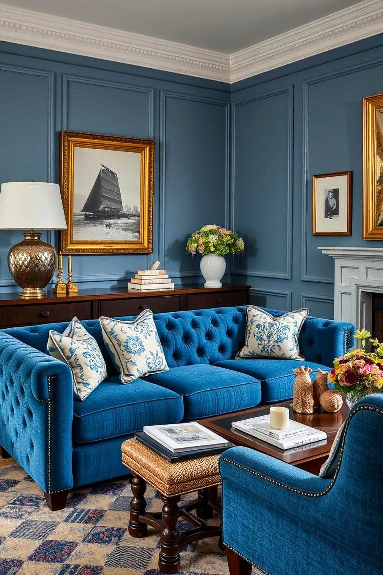 Custom Blue Couch with Tailored Upholstery - 24 Blue Couch Living Room Ideas