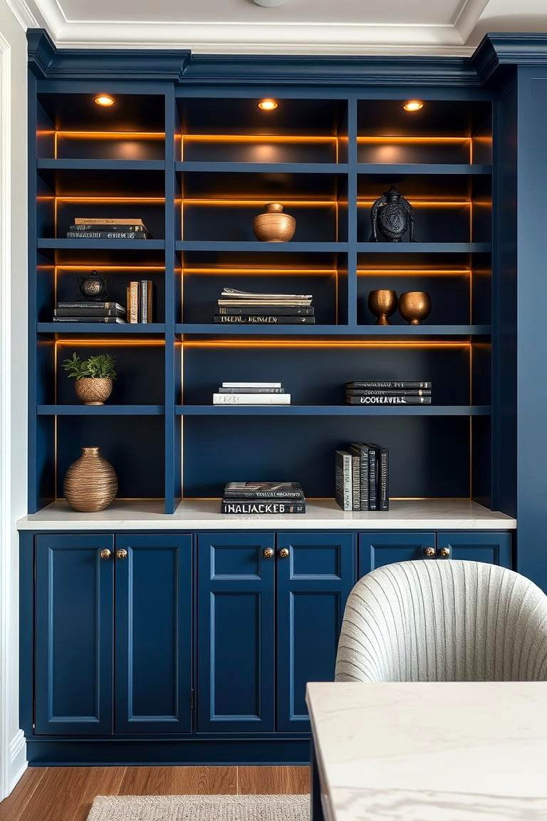 Custom Blue and Gold Built In Shelving - 24 Blue and Gold Bedroom Ideas