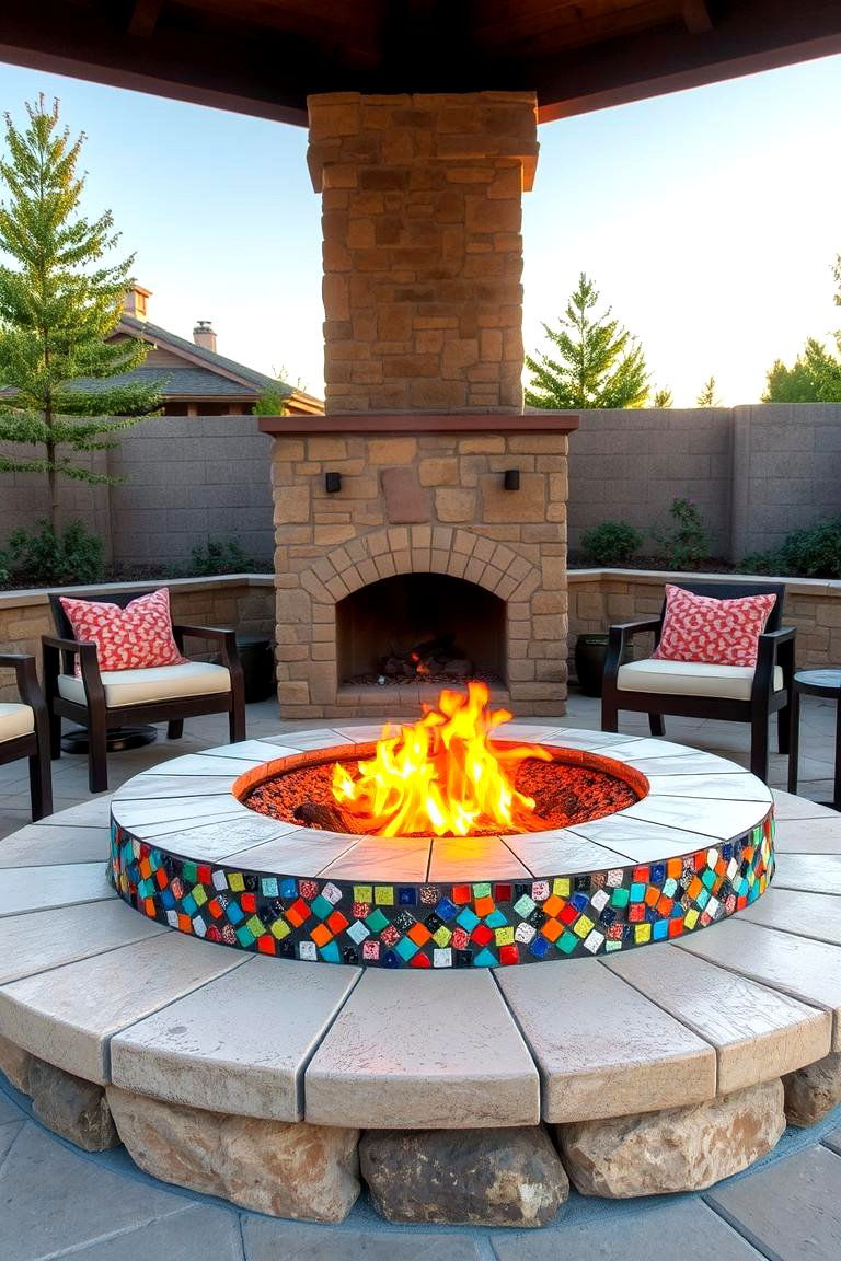 Custom Built Fire Pit with Intricate Mosaic - 24 Boulder Fire Pit Ideas