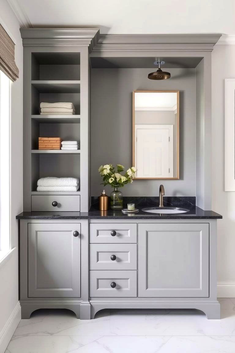Custom Built Grey Vanity with Open Shelves - 24 Grey Bathroom Vanity Design Ideas