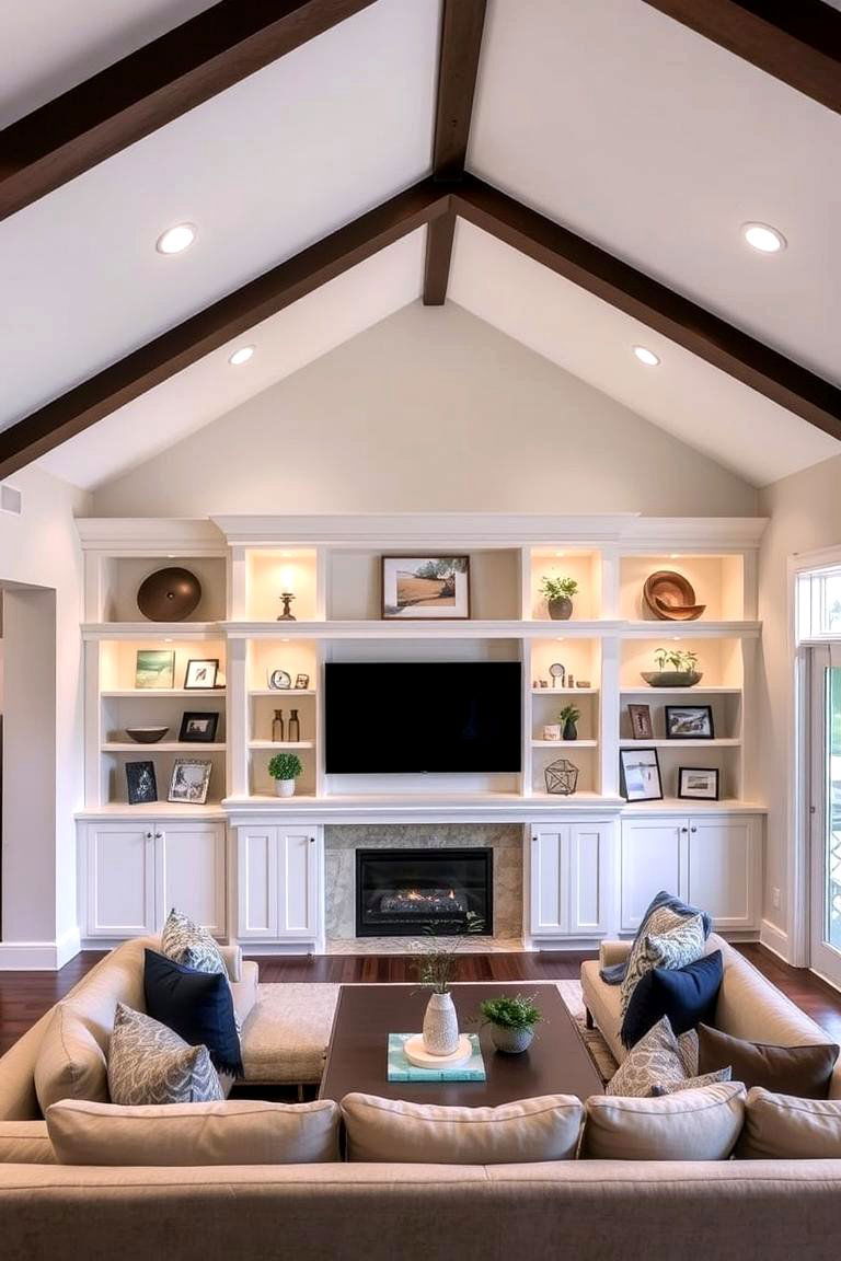 Custom Built in Shelving Vault - 24 Living Room Vaulted Ceiling Ideas