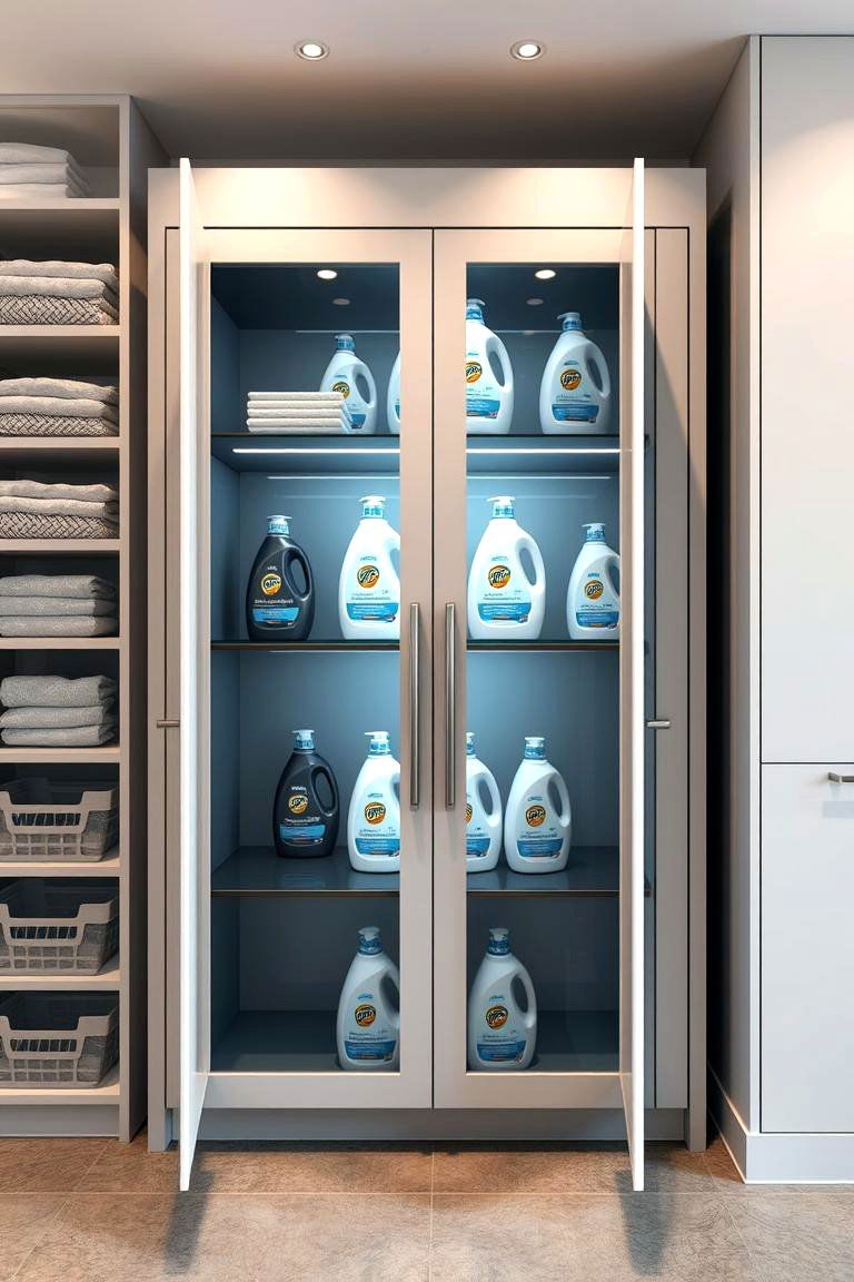 Custom Cabinet with Transparent Doors for Easy Visibility - 24 Laundry Detergent Storage Ideas