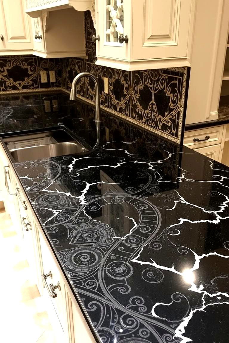Custom Carved Detailing - 24 Black Granite Countertops Kitchen Ideas