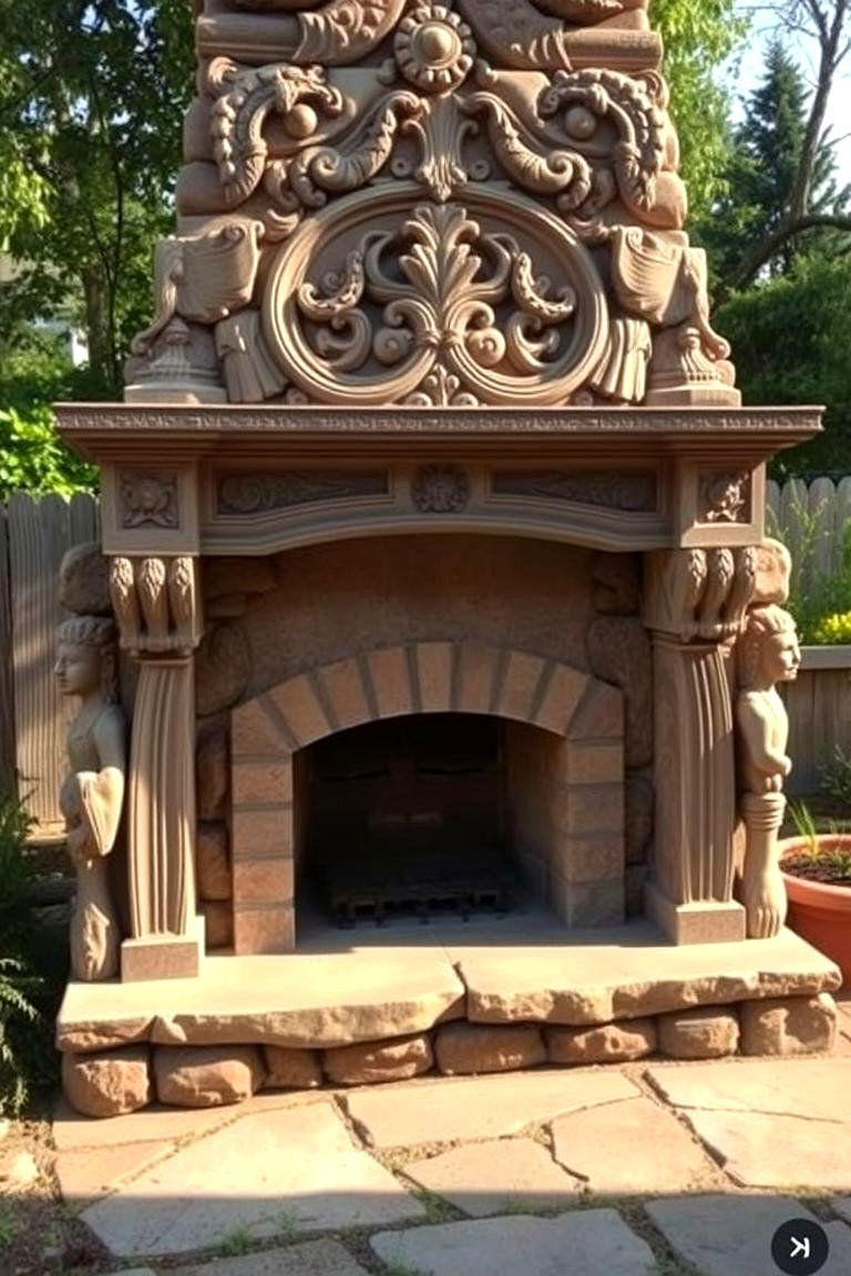 Custom Carved Hearth - 24 Rustic Outdoor Fireplace Ideas