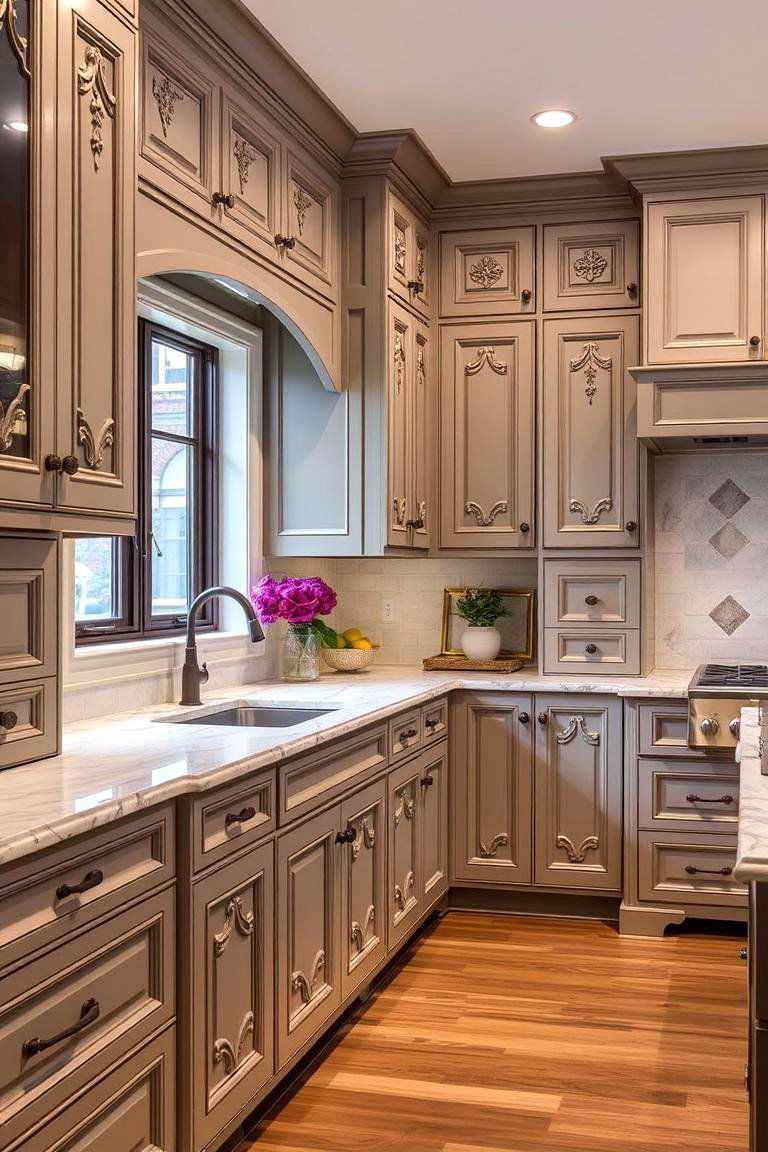 Custom Carved Taupe Details - 24 Taupe Kitchen Cabinet Ideas