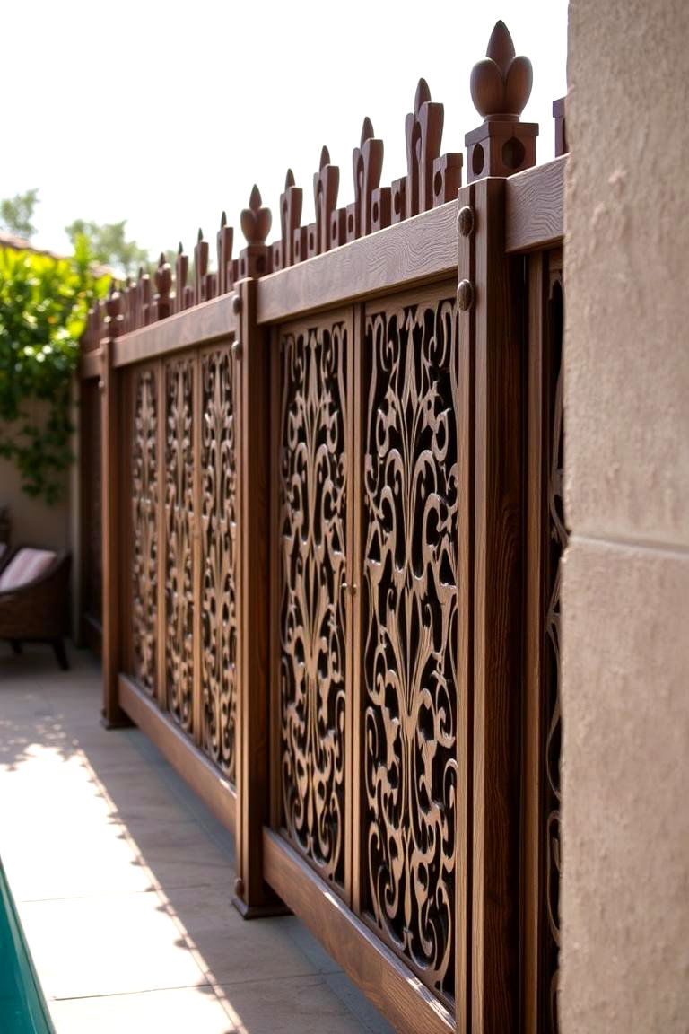 Custom Carved Wood Fence - 24 Pool Fence Ideas
