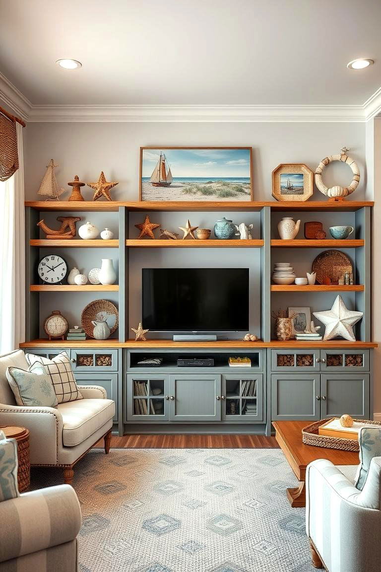 Custom Coastal Shelving - 24 Coastal Living Room Ideas