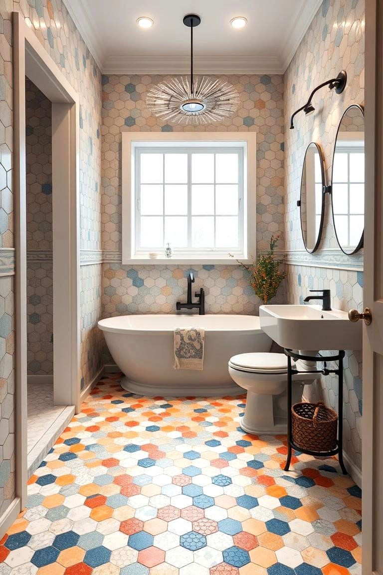 Custom Mosaic Artistry - 24 Bathrooms With Hexagon Tile Floors