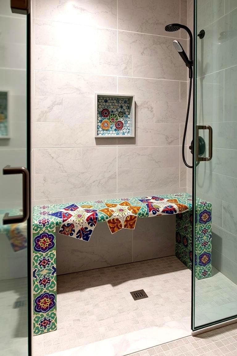 Custom Mosaic Bench Feature - 24 Walk in Shower Ideas With Bench