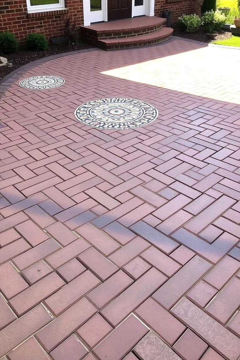 Custom Mosaic Inlay Brick Design - 24 herringbone brick patio designs