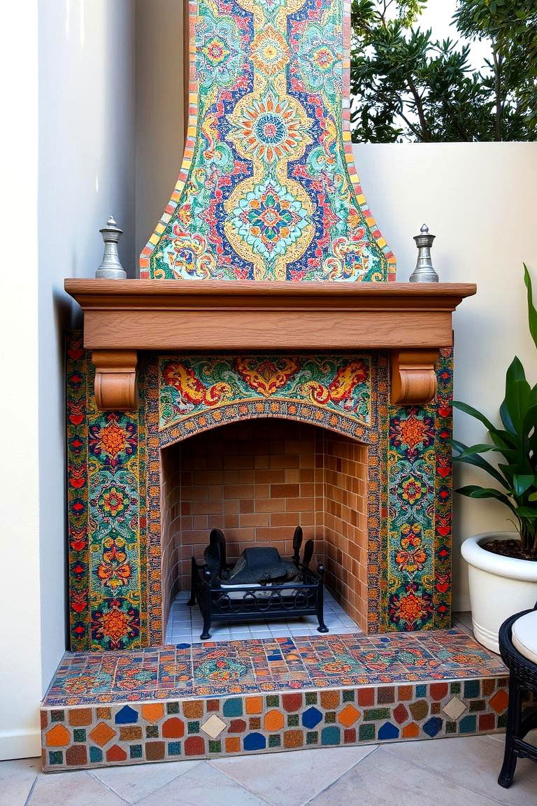 Custom Mosaic Tile Fireplace Artistry - 24 Outdoor Corner Fireplace Ideas