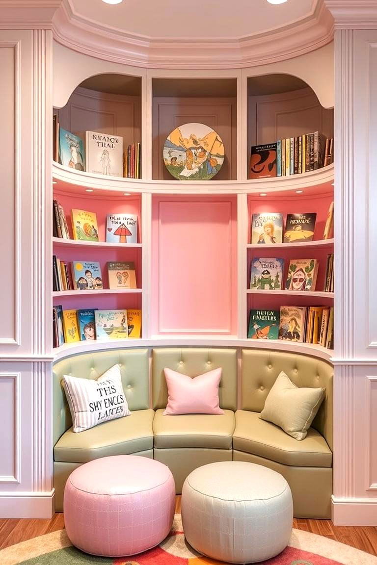 Custom Story Corner with Book Displays - 24 Pink and Green Nursery Ideas