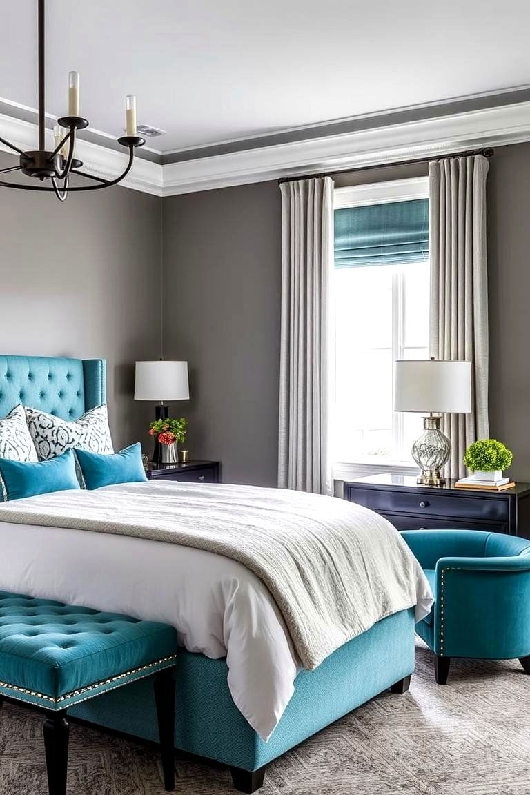 Custom Teal Upholstery - 24 Teal and Grey Bedroom Ideas