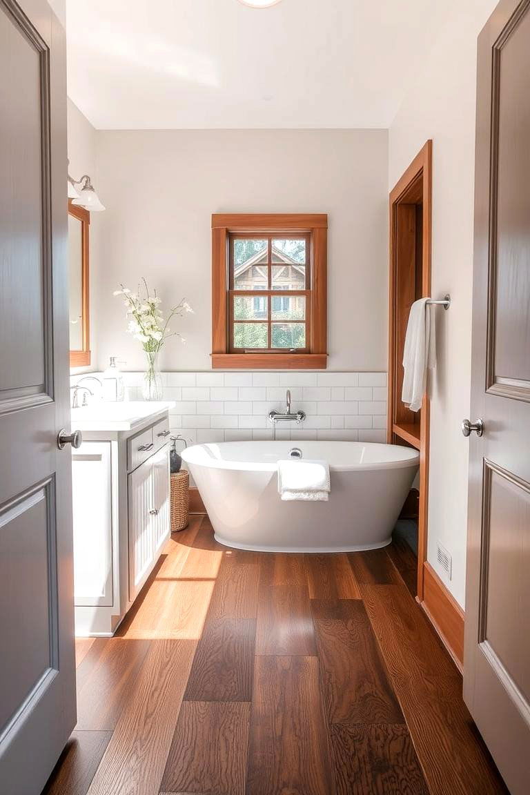 Customizable Stained Wood Floor Accents - 24 Ideas for Wood Floors in Bathrooms