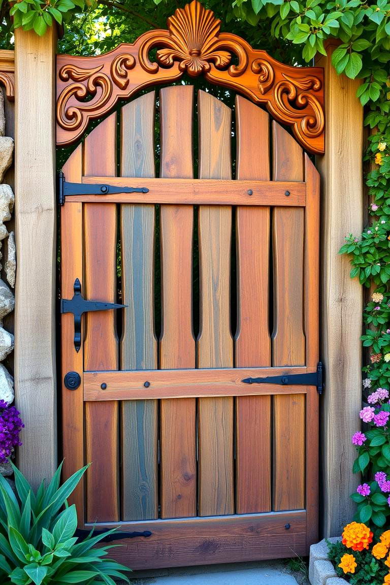 Customizable Wooden Gate with Decorative Features - 24 Fence Gate Ideas