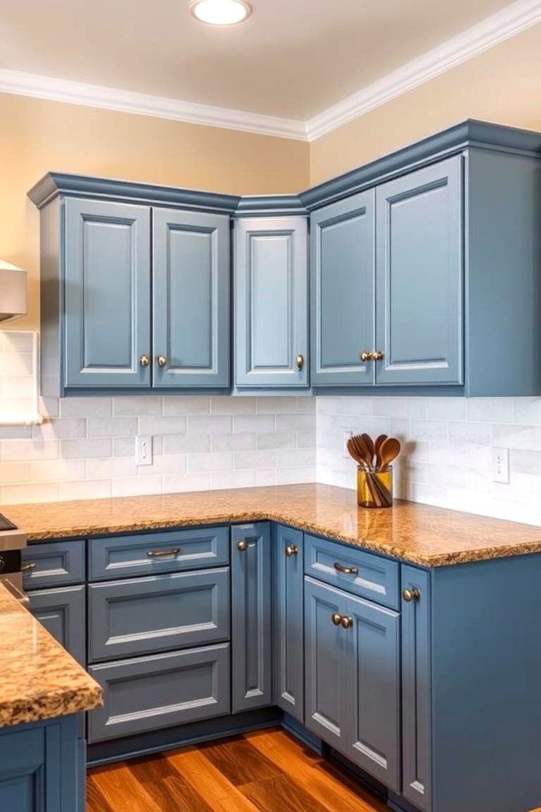 Customization for Personalized Style - 24 blue kitchen cabinets with brown granite countertops