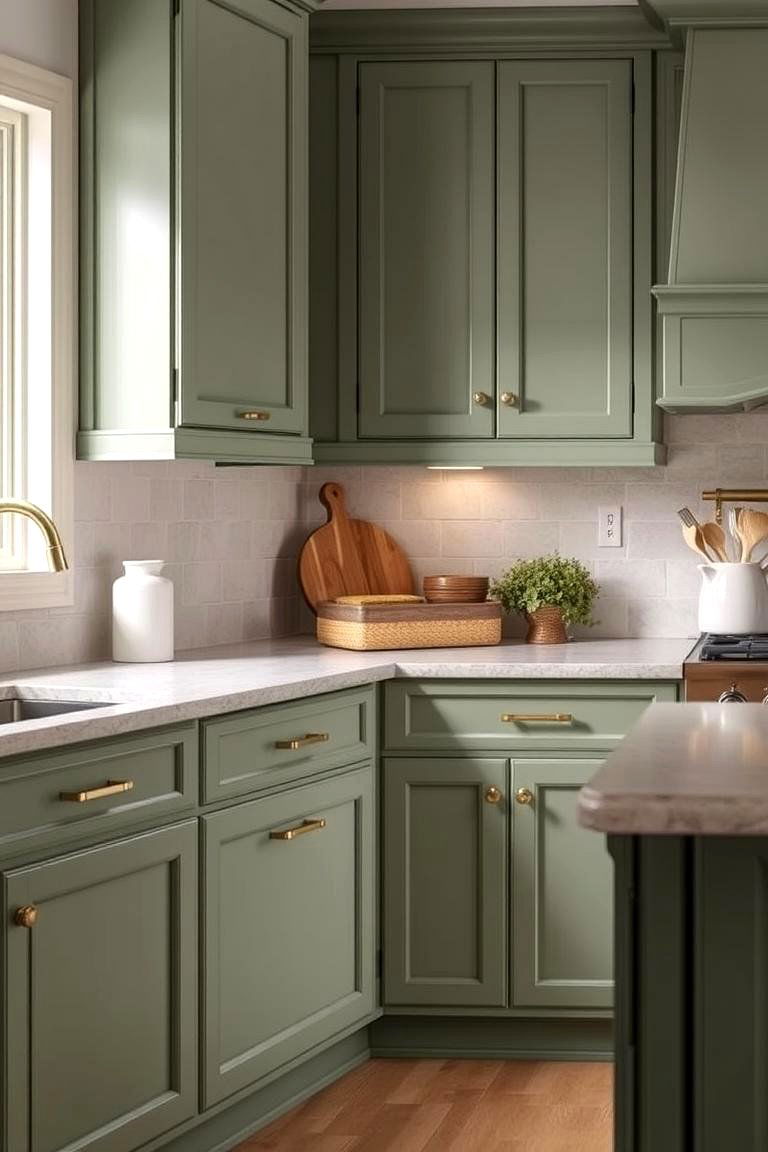 Customized Finishing Touches - 24 Rustic Sage Green Kitchen Cabinets