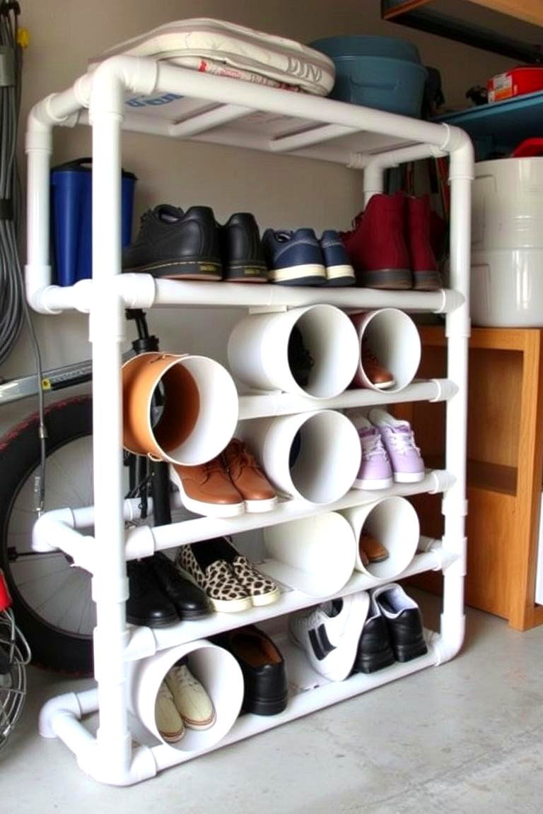 DIY PVC Pipe Shoe Rack - 24 Garage Shoe Storage Ideas