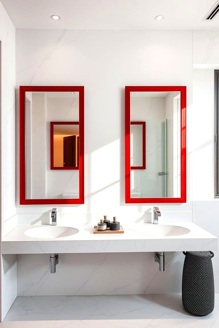 Daring Red Mirrors - 24 Red Bathroom Ideas