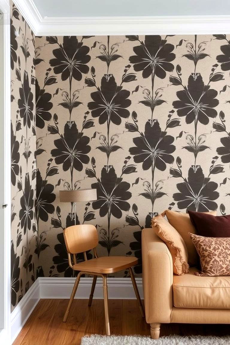 Dark Accent Walls with Patterned Wallpaper - 24 Moody Living Room Ideas