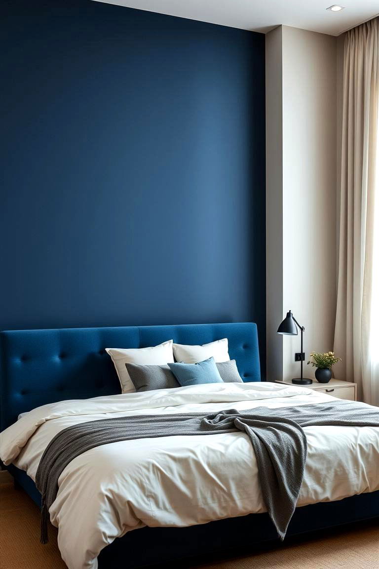 Dark Blue Feature Wall in the Bedroom - 24 Blue Room Ideas