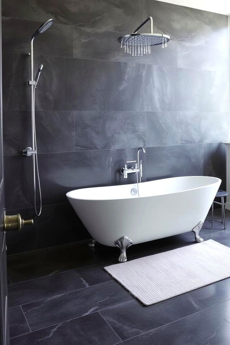 Dark Gray Floors with Metallic Fixtures - 24 Gray Floor Bathroom Ideas