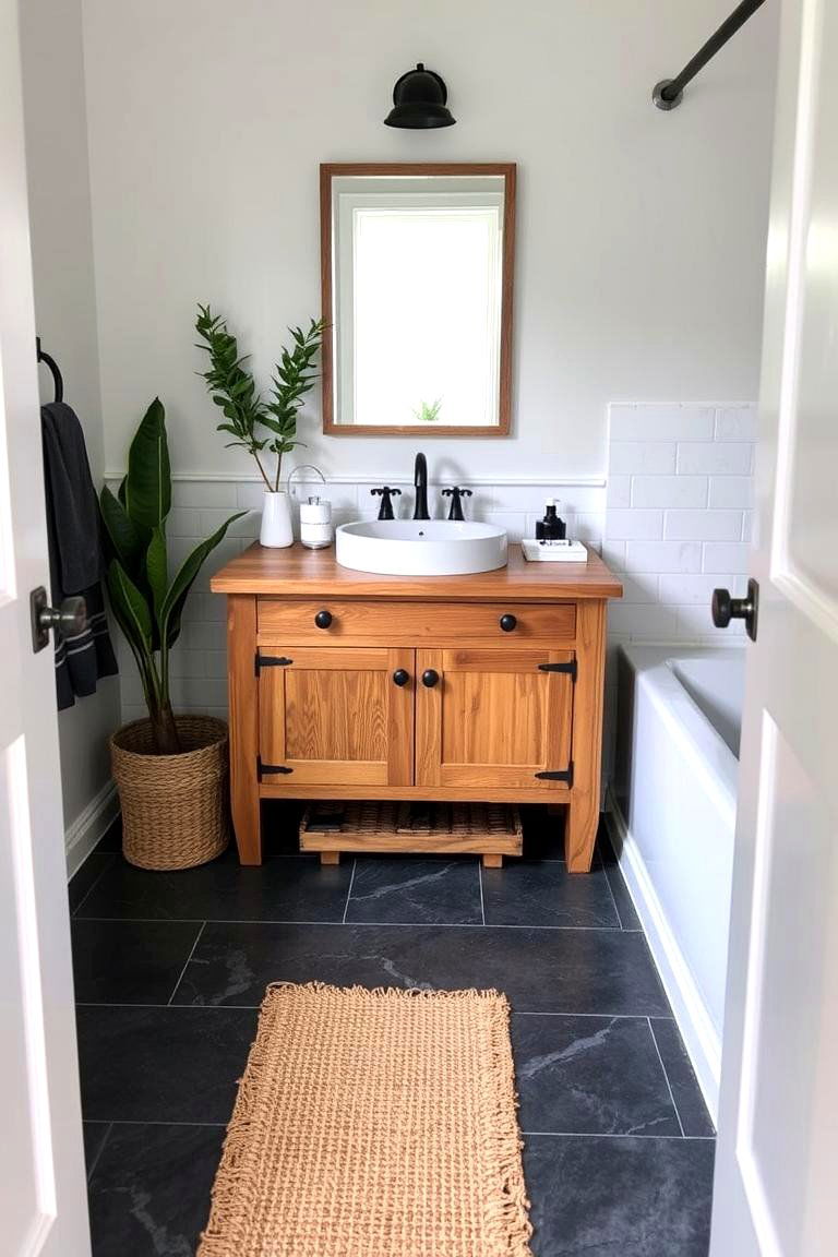 Dark Gray Floors with Natural Wood Elements - 24 Gray Floor Bathroom Ideas