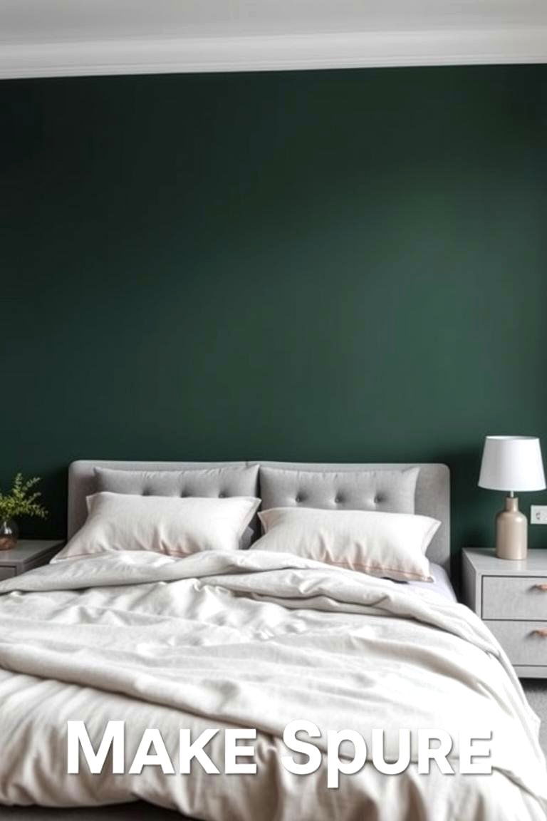 Dark Green Accent Wall with Neutral Furnishings - 24 Dark Green Bedroom Ideas